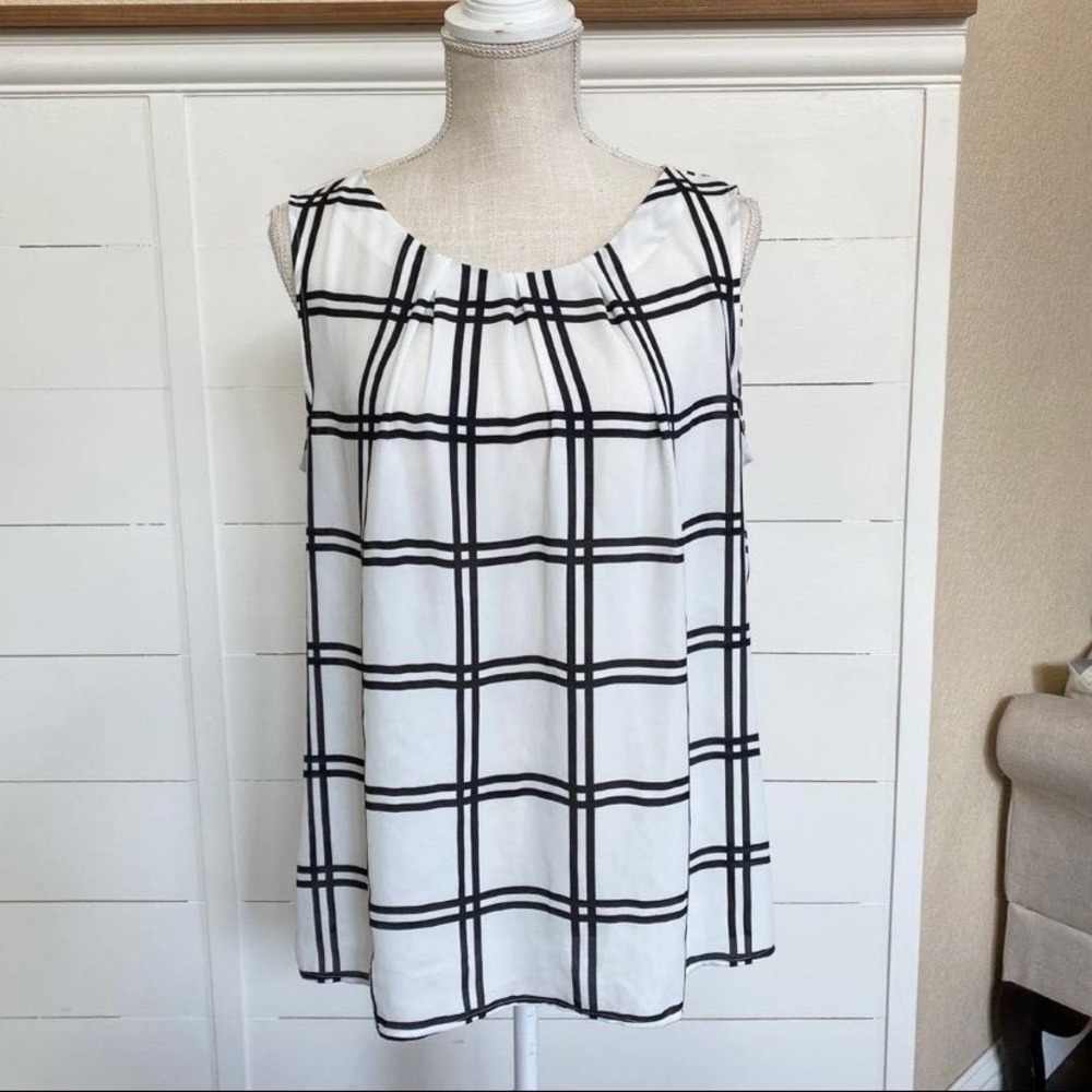 LOFT Women's Windowpane Pleated Dressy Sleeveless Blouse - L EUC